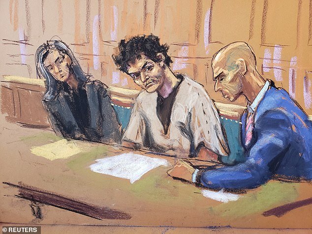 When he returned to court, he had noticeably lost some weight and his black hair was growing back.  In this court sketch he is depicted sitting with his attorneys Torrey Young (drawn at left) and Marc Mukasey