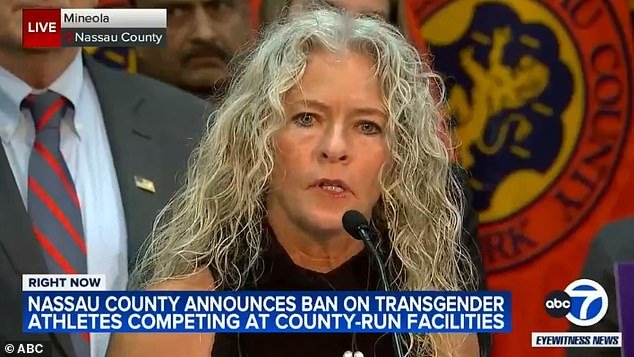Blakeman officially announced the order at a news conference with female athletes and Kim Russell (pictured), the former lacrosse coach at Oberlin College in Ohio, who spoke out against transgender athletes