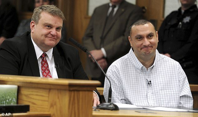Christopher Tapp, pictured right with his public defender John Thomas during Tapp's post-conviction hearing at the Bonneville Courthouse in Idaho Falls on March 22, 2017