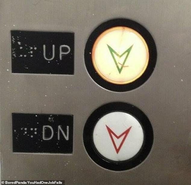 A maintenance worker confused people using an elevator after installing up and down buttons