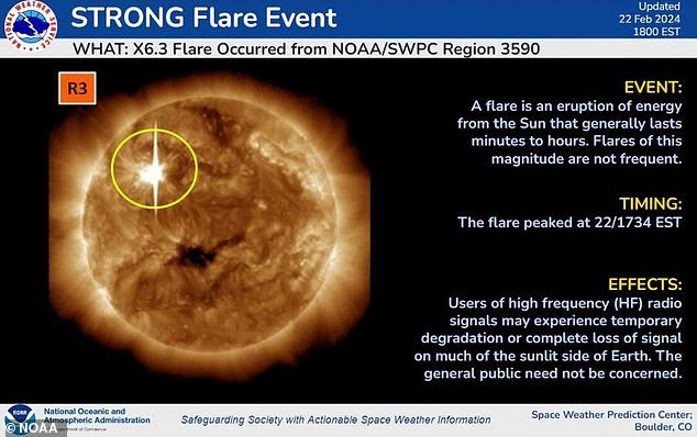 According to the National Oceanic and Atmospheric Administration (NOAA), the X6.3 solar flare is also the largest of the three that have occurred since Wednesday.  The new NASA image also reveals a dark 'coronal hole' in the Sun further south, which looks like a large dark spot