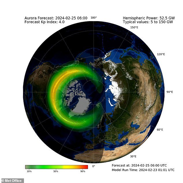 Sunday: A Met Office animation shows the aurora oval - the ring-like range of aurora activity that defines the range of the Northern Lights and where it will be most visible