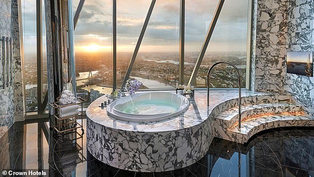 The 80 square meter, two-storey hotel room is located on the 88th floor and offers stunning panoramic views of Sydney and Sydney Harbor through floor-to-ceiling windows