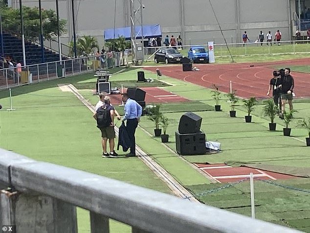 Duke was spotted at Lautoka Stadium in Fiji battling the heat ahead of the match between the Newcastle Knights and Melbourne Storm