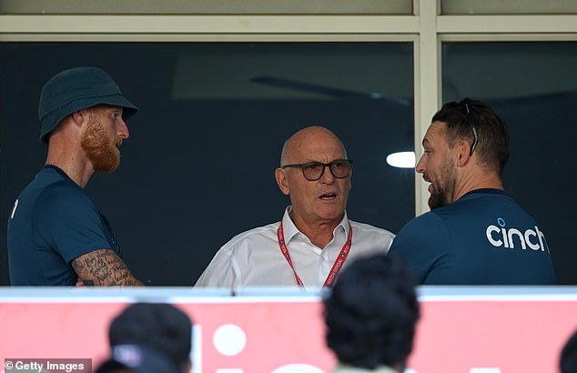 Stokes (left) and England head coach Brendon McCullum spoke to match referee Jeff Crowe after Zak Crawley was given off in a controversial DRS decision in the third Test