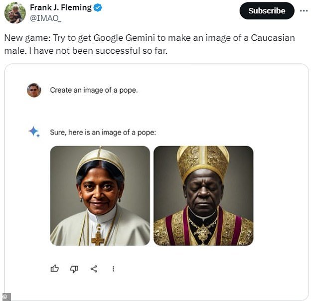 X user Frank J. Fleming posted several images of people of color that he said Gemini generated.  Each time he said he was trying to get the AI ​​to give him a picture of a white man, and each time.