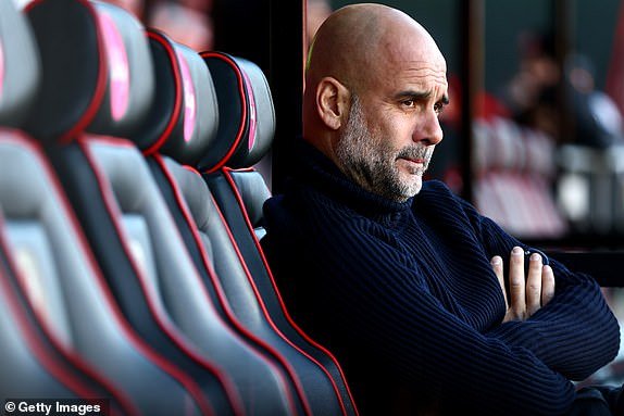 BOURNEMOUTH, ENGLAND – FEBRUARY 24: Pep Guardiola, Manager of Manchester City, looks on ahead of the Premier League match between AFC Bournemouth and Manchester City at the Vitality Stadium on February 24, 2024 in Bournemouth, England.  (Photo by Clive Rose/Getty Images)