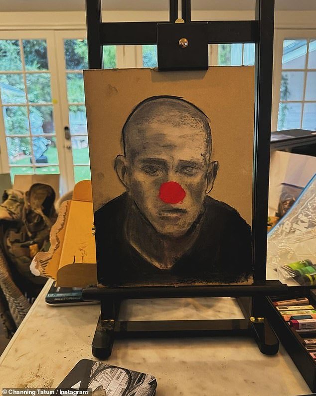 The actor, 43, showed off his artwork as he shared a black and white self-portrait of himself, complete with a big red nose
