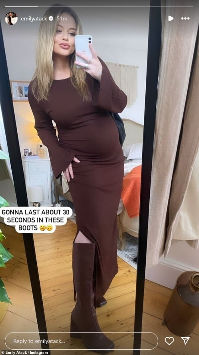 Pregnant Emily Atack, 34, showed off her blossoming baby bump in a stylish brown dress on Wednesday as she posed for a sexy Instagram photo