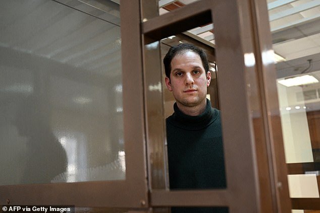 Wall Street Journal reporter Evan Gershkovich pictured in Moscow court on February 20