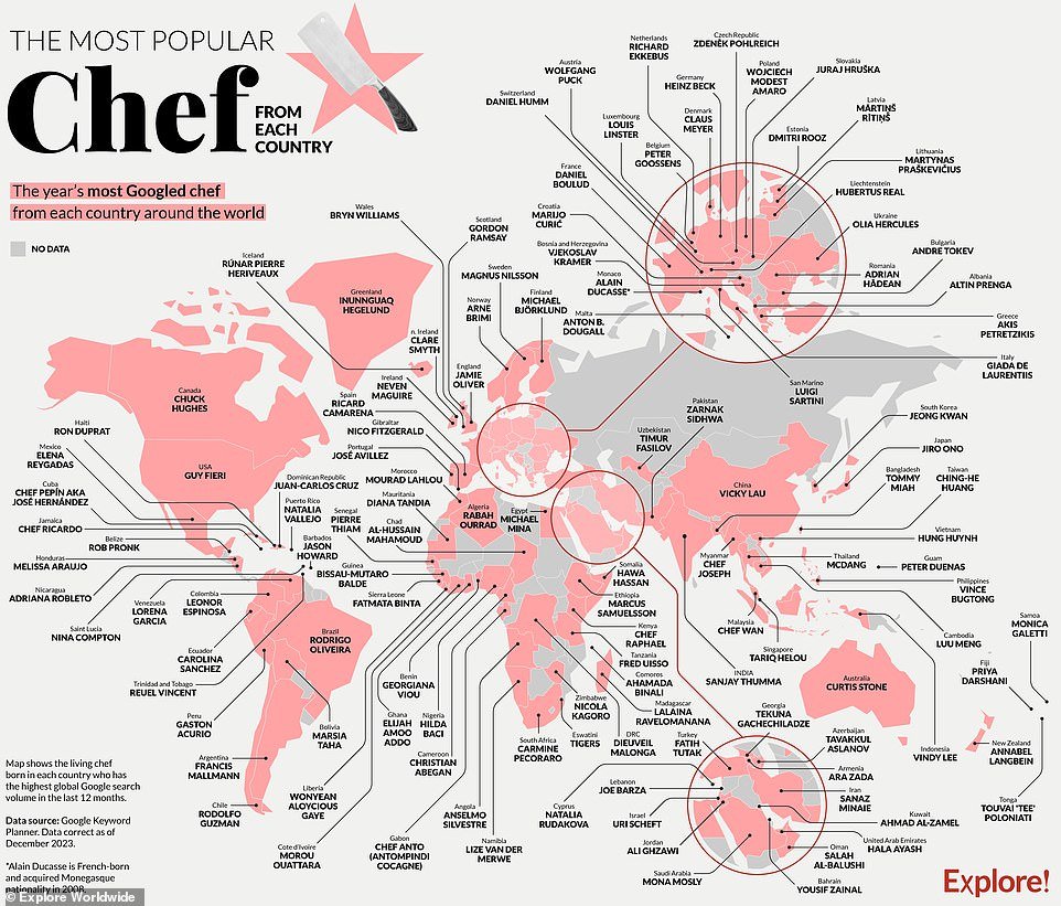 This fascinating world map from Explore Worldwide reveals the chefs who have made the biggest impact in every country around the world