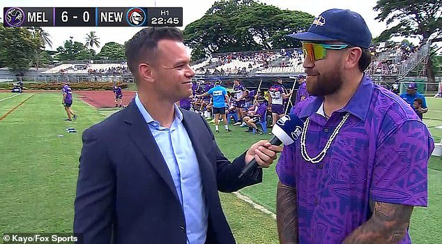 Duke returned to his sideline duties for Fox Sports following his high-profile breakup, pictured interviewing Melbourne Storm prop Nelson Asofa-Solomona