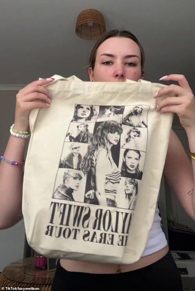 Lucy said she could take her Taylor Swift tote bag, which is slightly larger than the A4 size requirements and can even fit a spare pair of shoes, sweater and leggings.