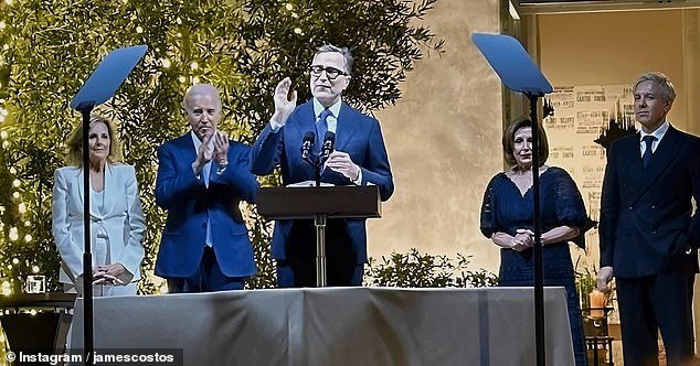 James Costos (center) posted a photo of the fundraiser he hosted at his Los Angeles home in the fourth quarter of 2023 with (from left) first lady Jill Biden, President Joe Biden, Speaker Emeritus Nancy Pelosi and Costos' partner Michael Smith on the Bidens' latest visit to LA
