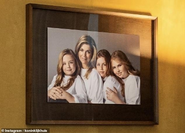 In the undated image, Maxima and her daughters are all wearing white blouses and posing against a gray background