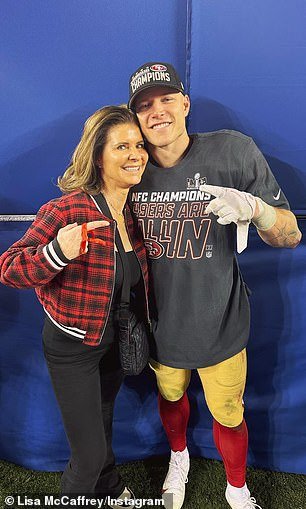 McCaffrey pictured with mom Lisa after last week's win over the Detroit Lions