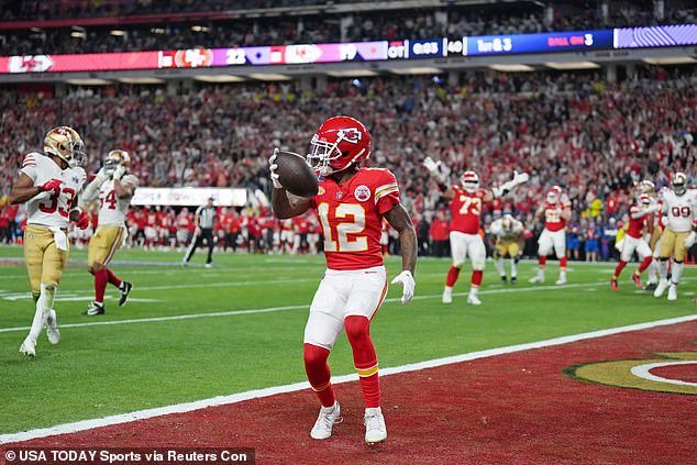 Mercole Hardman Jnr runs in the Kansas City Chiefs' Super Bowl LVIII winning touchdown