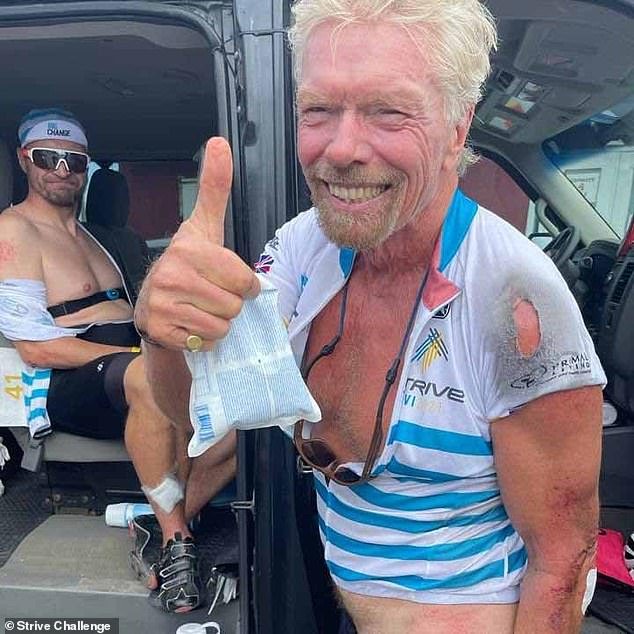 British billionaire Sir Richard Branson suffered a 'colossal' cycling accident during a charity event in the British Virgin Islands in 2021 (Photo: Sir Richard gives a thumbs up as he gets into a van to be taken to hospital)