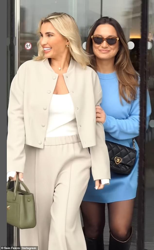 Sam put on a leggy display as she donned a short baby blue jumper dress, while Billie kept it simple in a smart beige co-ord
