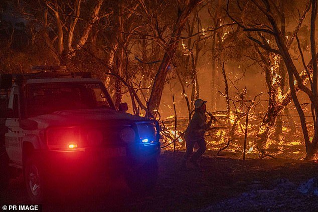 A member of Forest Fire Management Victoria at the Bayindeen-Rocky Road fire northwest of Ballarat, Victoria on Wednesday evening