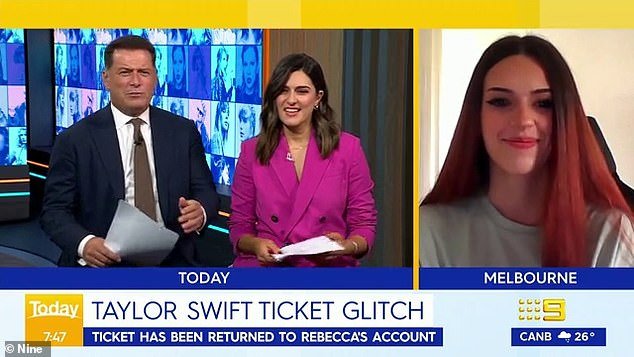 Becca has since appeared on the Today breakfast show to tell presenters Karl Stefanovic and Sarah Abo (both pictured) that she now has her VIP ticket for Taylor Swift's Eras Tour back in her account