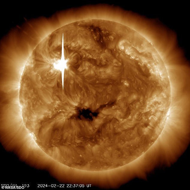 NASA's Solar Dynamics Observatory captured this image of a solar flare (as seen in the bright flash above left) on February 22, 2024.  The image shows a subset of extreme ultraviolet light that highlights the extremely hot material in the solar flares and has been colorized.  in bronze