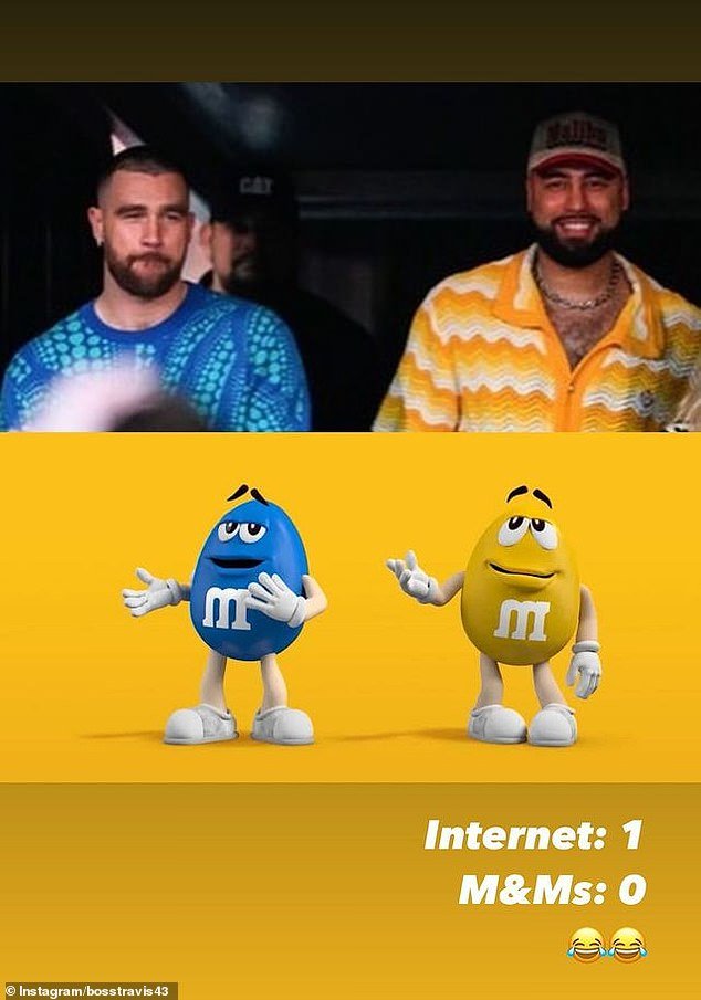 He also shared a photo of himself smiling in the VIP box next to Travis and joked that they were compared to M&M chocolates in their bright yellow and blue outfits.