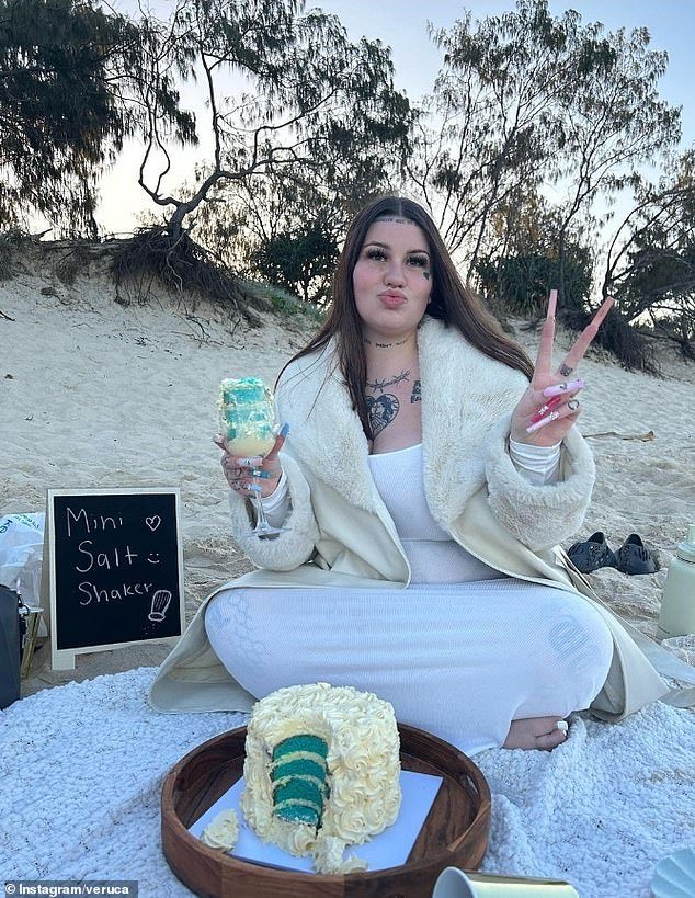 Veruca first announced her pregnancy in June by sharing a photo of a white and blue cake