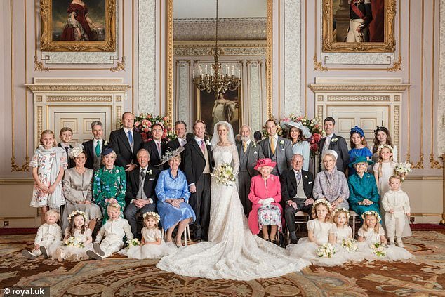 Lady Gabriella and Thomas Kingston had official photos taken on their wedding day - here with the late Queen and Prince Philip to their right