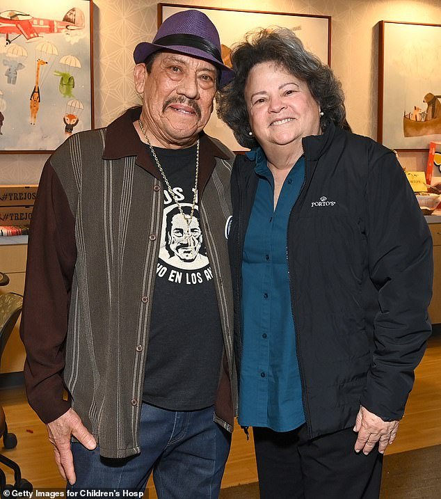 Danny Trejo wore a T-shirt at the event with the logo of his donut shop, Trejo's Coffee & Donuts, underneath the button-up shirt