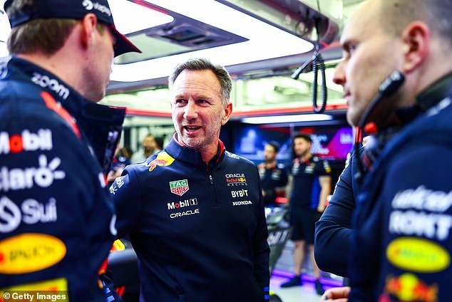 Horner took his position in the Red Bull paddock as usual on Friday, while Max Verstappen (left) secured pole position for Saturday's race, but also left the pit wall for talks with the FIA