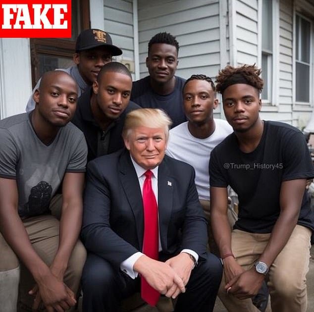 This fake AI-generated image was spread on social media claiming that Trump stopped his motorcade to take a photo with this group of men.  The image is not real