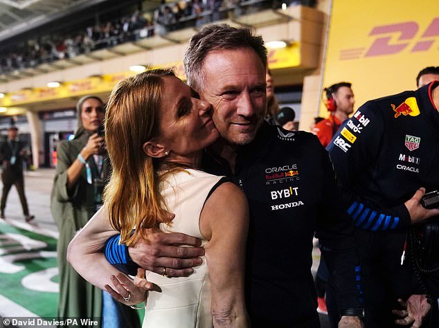 Christian and Geri Horner after Red Bull Racing's Max Verstappen won the Bahrain Grand Prix
