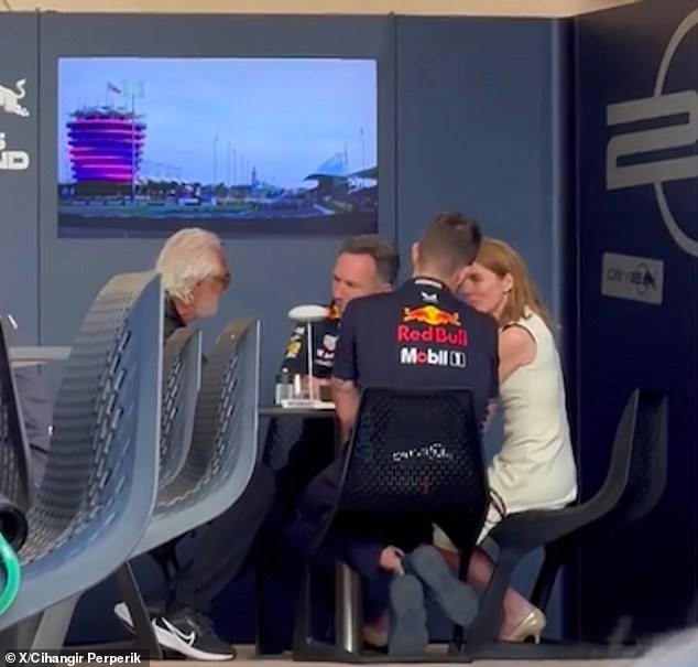 New footage has emerged of under-pressure Red Bull chief Christian Horner and his wife Geri Halliwell in serious discussion during the Bahrain Grand Prix.  Ms James said Halliwell 'looked less comfortable here'