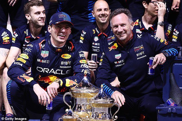 Verstappen and Horner (right) both celebrated the Dutchman's victory in Bahrain