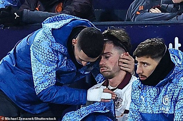 Comforted by Phil Foden, Grealish appeared distraught after a recurrence of the groin problem