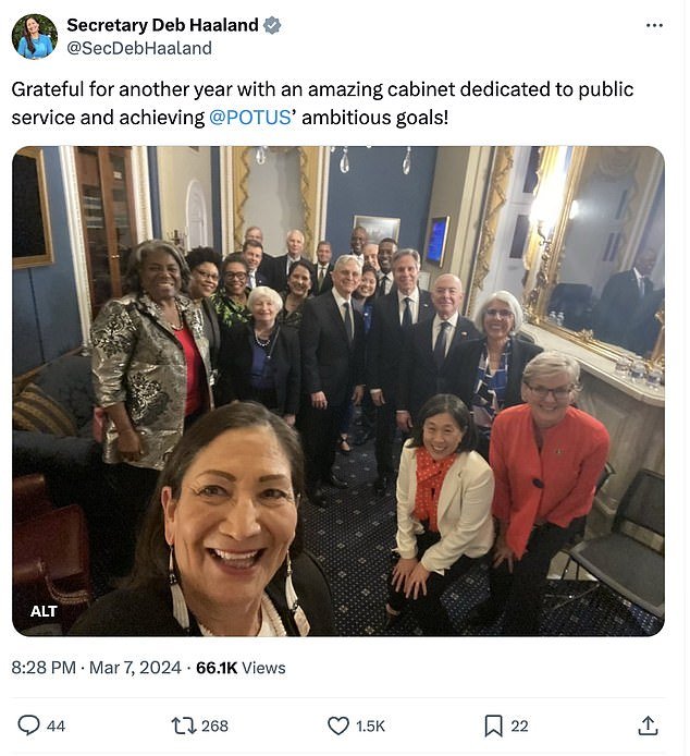 Interior Secretary Deb Haaland took a selfie with other members of the Cabinet, with Cardona noticeably absent