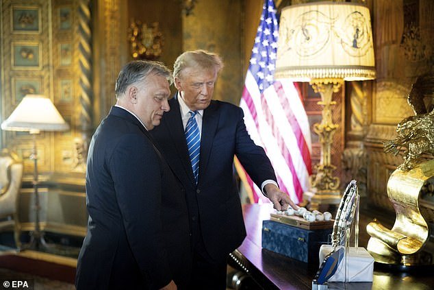 Republican presidential candidate Donald Trump speaks with Hungarian Prime Minister Viktor Orbán during their meeting at Trump's Mar-a-Lago estate in Palm Beach, Florida