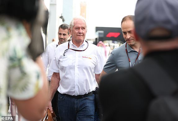 epa11208799 Red Bull motorsport advisor Helmut Marko (L) and Olaf Mintzlaff (R), CEO Corporate Projects of Red Bull, walk in the paddock prior to the Formula 1 Grand Prix of Saudi Arabia at the Jeddah Corniche Circuit in Jeddah, Saudi Arabia, March 9, 2024 EPA/ALI HAIDER