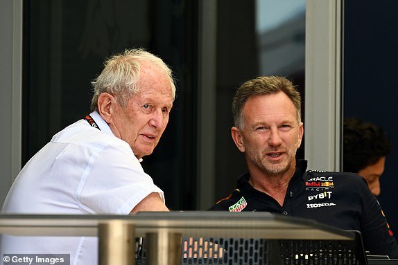 BAHRAIN, BAHRAIN – FEBRUARY 29: Oracle Red Bull Racing Team Principal Christian Horner and Oracle Red Bull Racing Team Consultant Dr.  Helmut Marko talking in the Paddock prior to practice ahead of the F1 Bahrain Grand Prix at the Bahrain International Circuit on February 29, 2024 in Bahrain, Bahrain.  (Photo by Clive Mason/Getty Images)