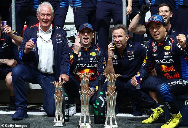 Marko (left) with Verstappen (second from left), Horner (second from right) and Sergio Perez (right) after Red Bull achieved another victory in Saudi Arabia on Saturday