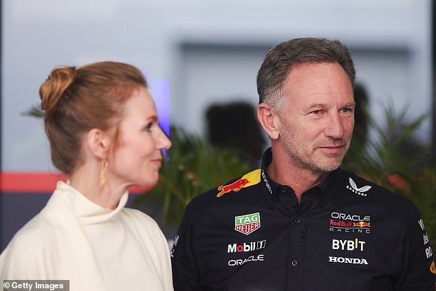 Horner, pictured with wife Geri Halliwell, was cleared of 'coercive conduct' towards a female employee before messages allegedly exchanged between the pair were leaked