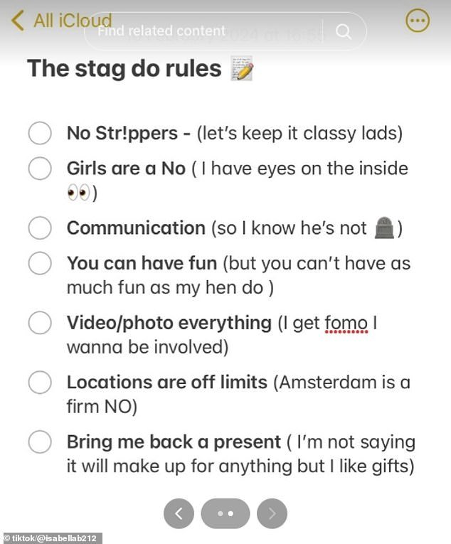 The rules include 'no strippers' and a ban on going to certain locations, such as Amsterdam