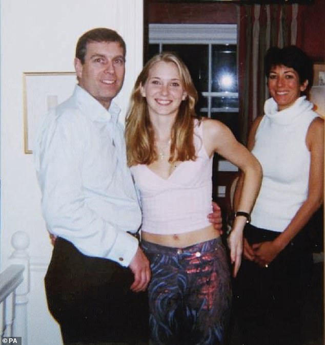 Prince Andrew, who has denied any wrongdoing, was previously pictured alongside Virginia Giuffre (centre), one of Jeffrey Epstein's victims, and the now jailed Ghislaine Maxwell (right)