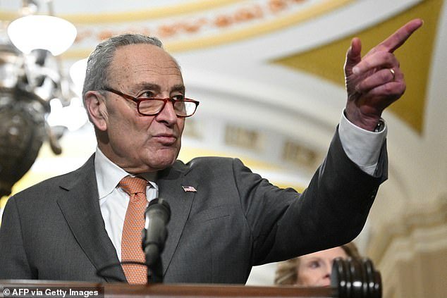 U.S. Senate Majority Leader Chuck Schumer, Democrat of New York, speaks to the press after the Democratic weekly luncheon at the U.S. Capitol in Washington, DC, on March 6, 2024