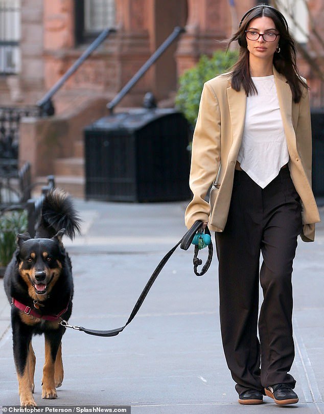Earlier that day, Emily exuded business chic in a simple tan blazer paired with loose-fitting black trousers as she walked her dog Colombo.