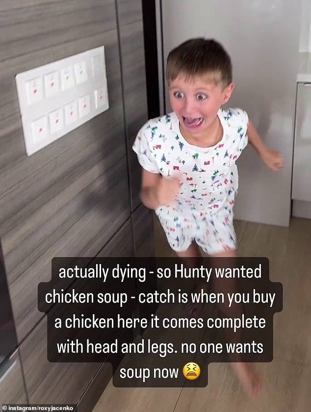 The 43-year-old PR guru posted a short clip on Instagram, showing her terrified son Hunter, 10, running from their kitchen in fear.  The blonde beauty captioned the clip with some hilarious words: 'Basically dying.  So Hunty wanted chicken soup.  'Catch is when you buy one "chicken" here it comes complete with head and legs.  Nobody wants chicken soup now