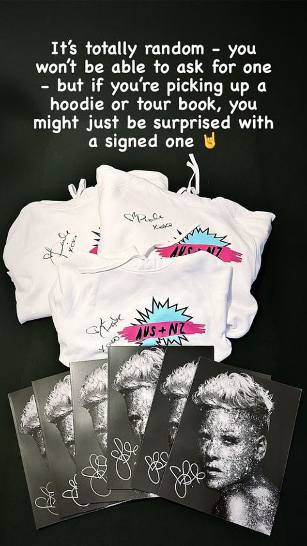 Pink teased that the autographed items will be up for grabs at the merchandise stands, but will be handed out completely at random as fans line up to purchase their goods