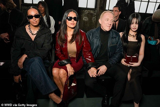 Solange, Salma Hayek, François-Henri Pinault and Hanni at Gucci RTW Fall 2024 as part of Milan Ready to Wear Fashion Week held on February 23, 2024 in Milan, Italy