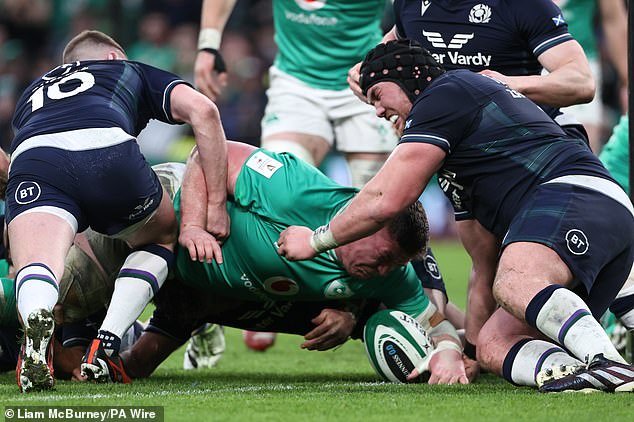 Irishman Tadhg Furlong went over but was denied by the TMO after losing control of the ball
